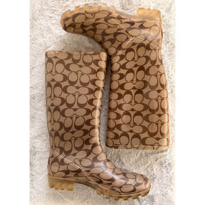 Coach Signature Rain Boots Brown Tan Monogram Mid Calf Rubber Size 7 B Classic